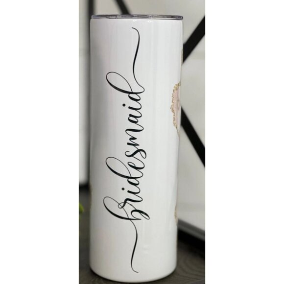 Bridesmaid Tumbler 20oz Stainless Steel With Straw & Glam Pink Gold Marble Desig - Picture 3 of 3